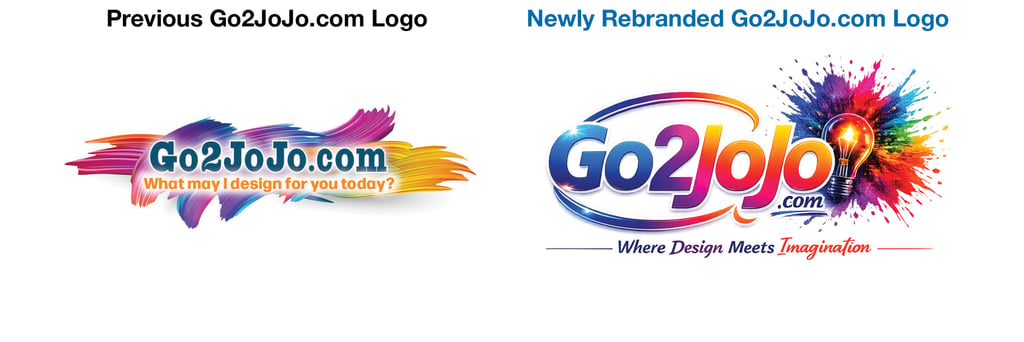 Comparison of the previous and newly rebranded Go2JoJo.com graphic design logo featuring colorful paint splashes.
