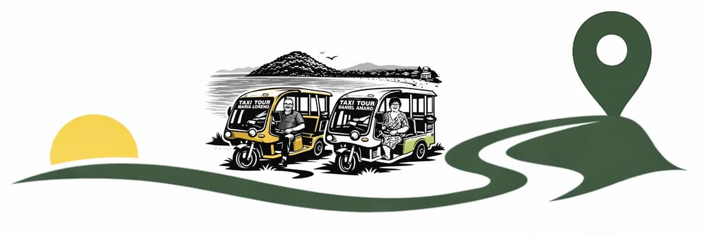 Taxi tour Licán Ray con vehículos eléctricos ilustrados, conductores locales y península de Licán Ray al fondo