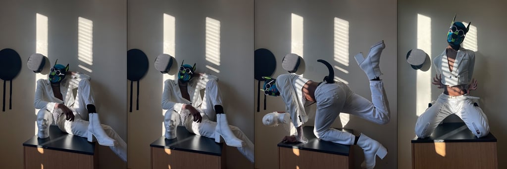 Fashion poses - 4 of man in pup mask dressed in white