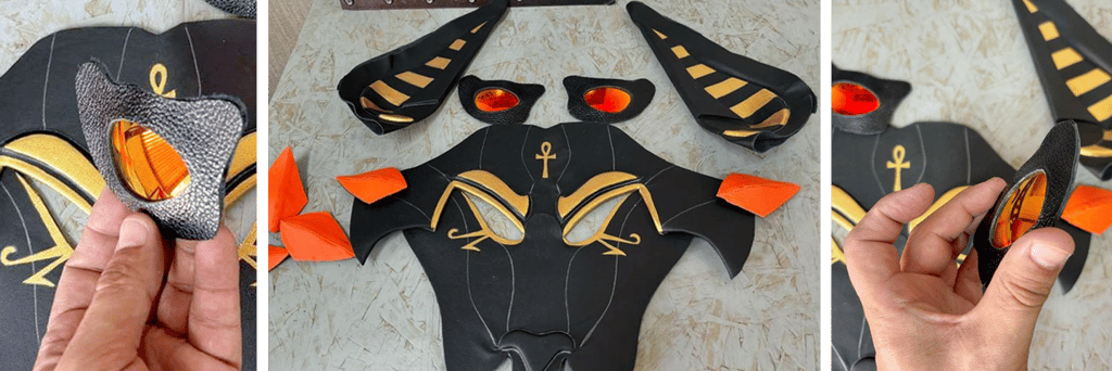 Triptych of three images of mask construction