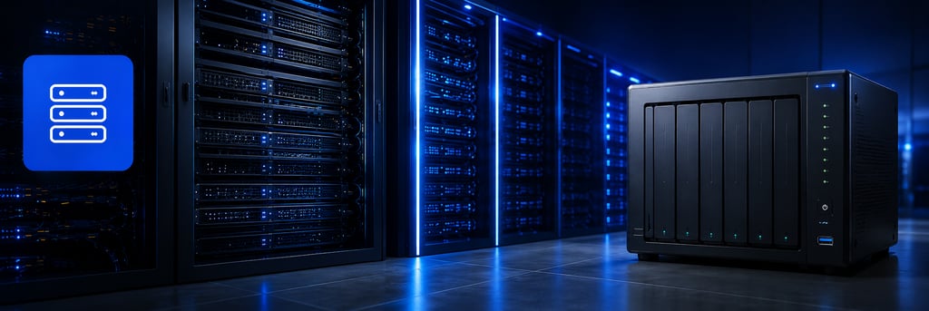 Modern NAS storage device in a high-tech data center with glowing server racks.