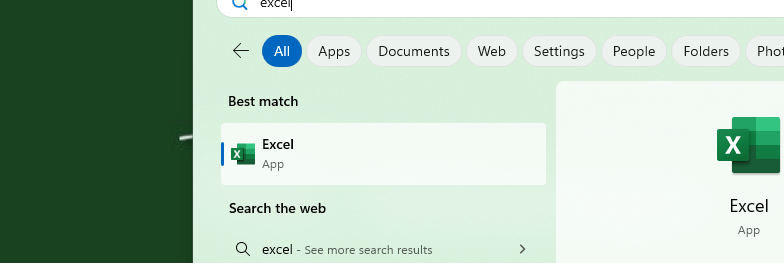 open excel by start than search for excel