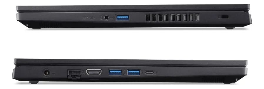 Side view of a black gaming laptop showing USB, HDMI, Ethernet, and USB-C connectivity ports.