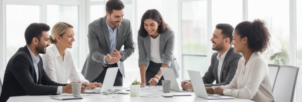 A diverse group of professional office workers sitting around a white table in a bright, modern meeting room, discussing and working on laptops.