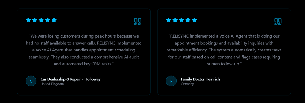 Two dark testimonial cards side by side, each with five blue stars, a customer quote about RELISYNC’