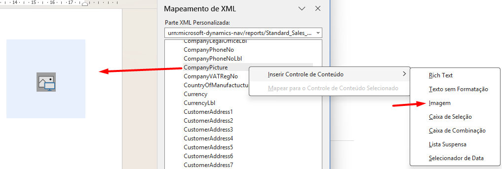Microsoft Word XML mapping pane showing CompanyPicture field selection for content control.