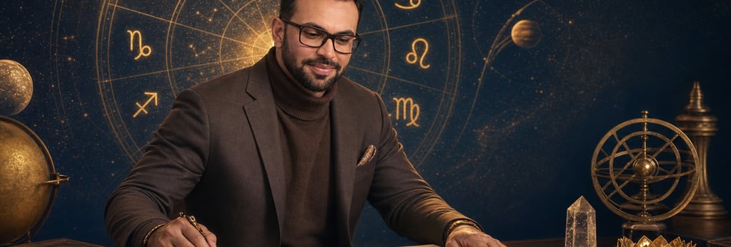 Ashish Pande studying astrology timing with birth chart and zodiac background