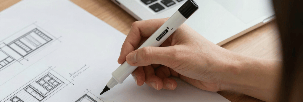 person holding pencil near laptop computer