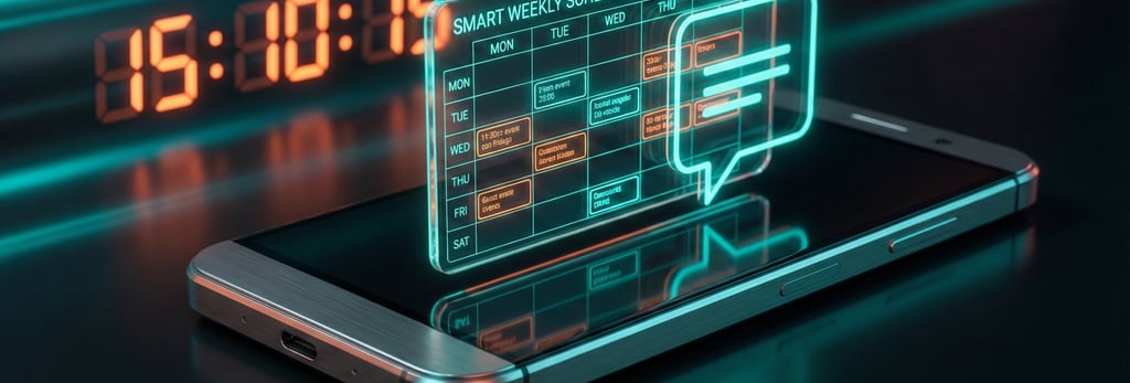 AI-powered scheduling concept showing a hologram calendar and chat interface on a smartphone.