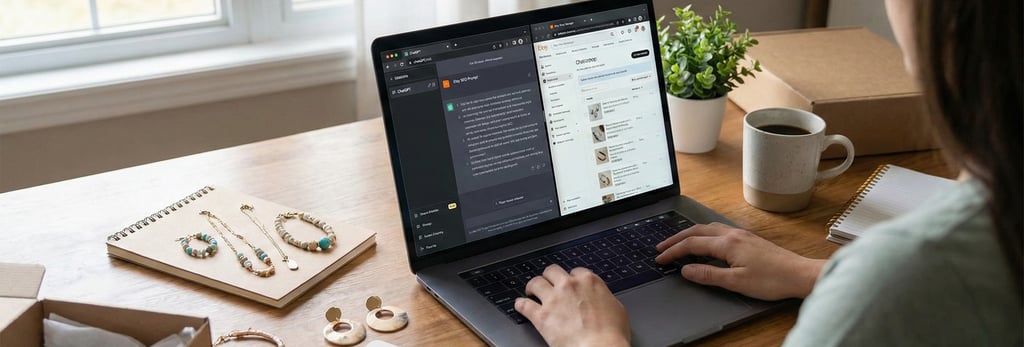 Etsy mağazası için ürün listelemeleri hazırlarken yapay zeka (AI) desteği alan bir girişimci.