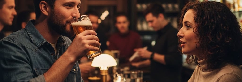 man drinking beer with female