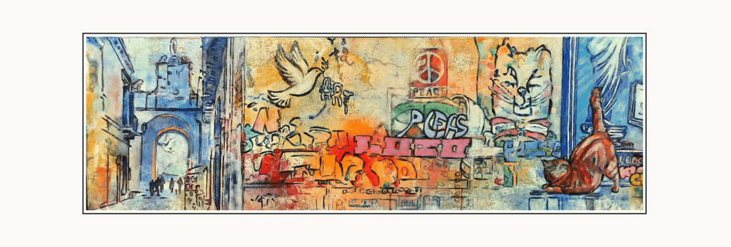 Pace by Coby Hurtak. Layered painting showing a blue archway and a cat near peace graffiti.