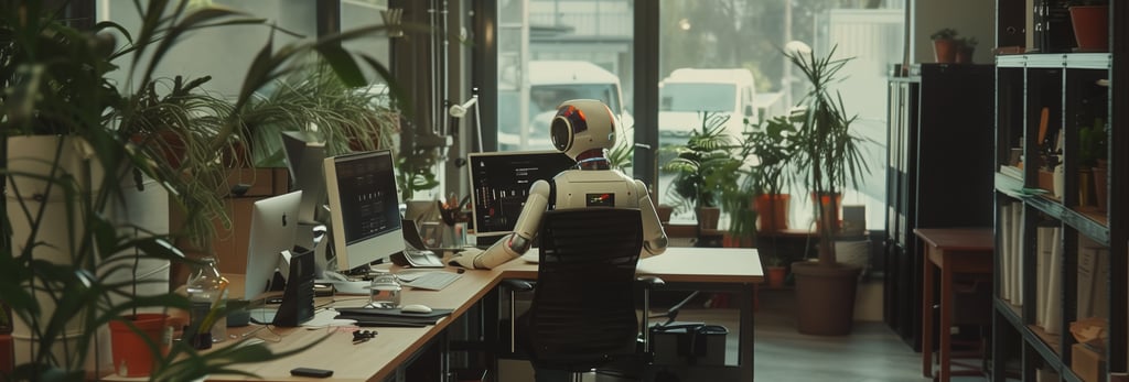 a AI man sitting at a desk with a laptop computer.AI Agent - AI assistant - Funnel de vente- Epsilon