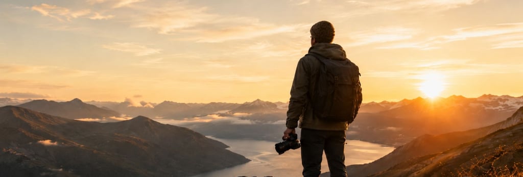Photographer standing on top of a mountain at sunrise overlooking a river and surrounding landscape while holding a camera