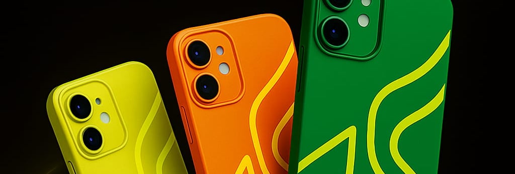 A curated collection of designer mobile back covers arranged aesthetically on a dark background, featuring premium materials