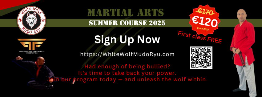 White Wolf Mudo Ryu 2025 martial arts summer course banner featuring taekwondo training and sign up details.