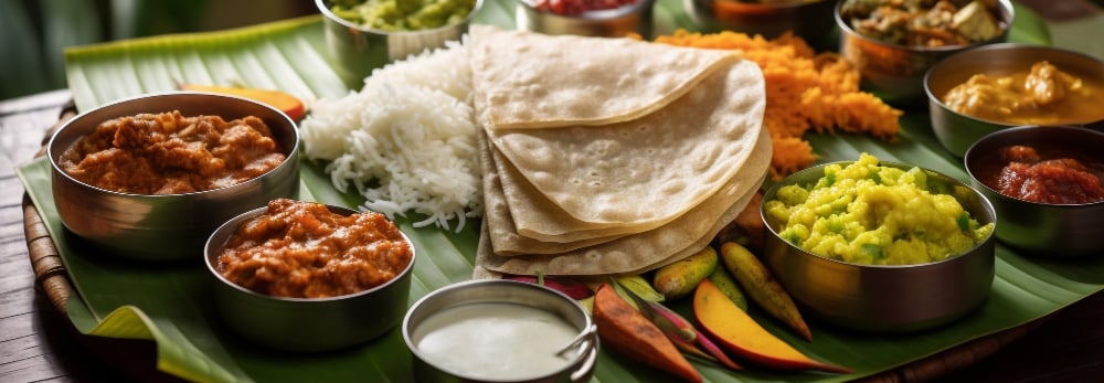 Healthy South Indian pure veg thali with rice, roti, sambar, dal, and assorted curries served fresh.