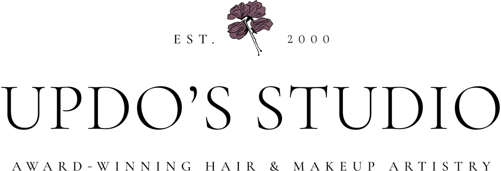 Updo’s Studio expanded logo with mauve floral emblem and extended wordmark, wedding hair and makeup brand.