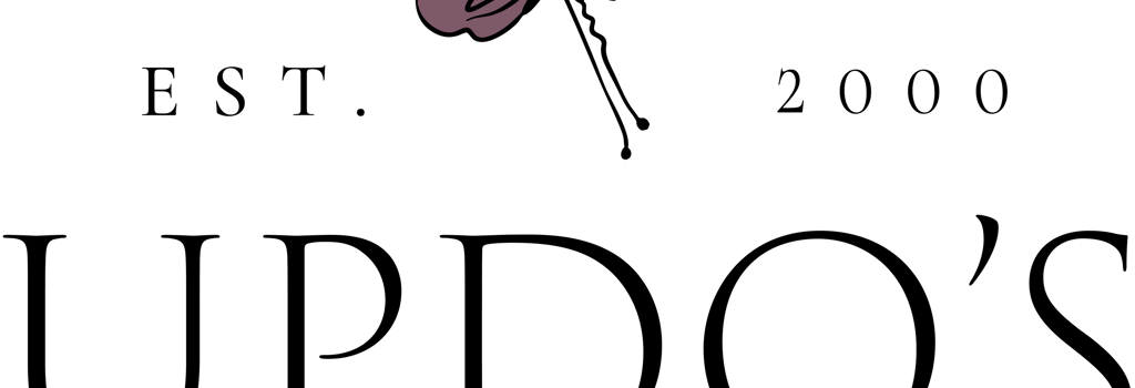 Updo’s Studio secondary logo with mauve floral emblem, clean wordmark, wedding hair and makeup brand.