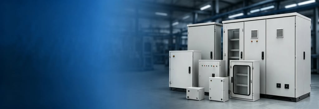 Industrial electrical control panels and metal enclosures in a modern manufacturing warehouse.