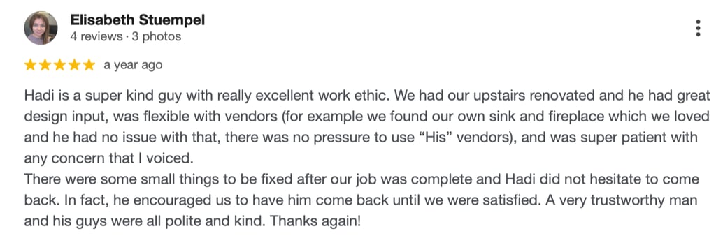 Five-star customer review for Hadi's home renovation and design services highlighting excellent work ethic.
