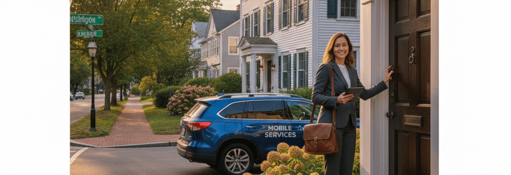 Mobile notary arriving at a client location on Washington Street in Woburn MA