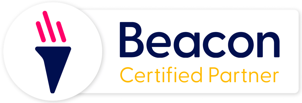 The Beacon logo. A symbol of a flaming torch in blue and red, with words Beacon Certified Partner
