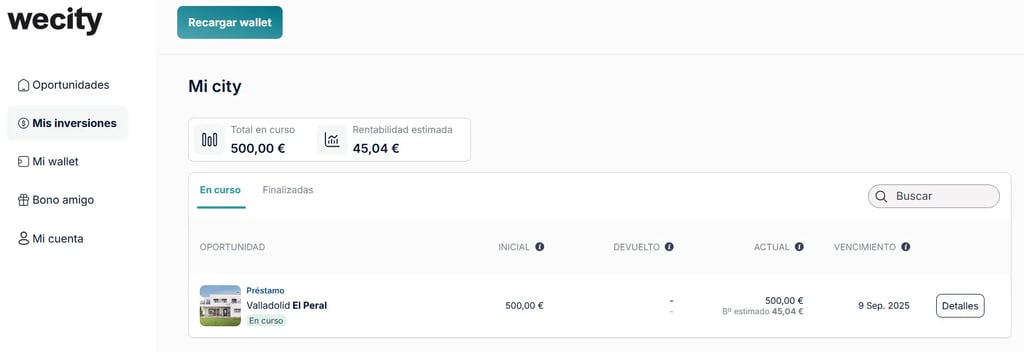 wecity cuadro de Mis inversiones y recarga wallet