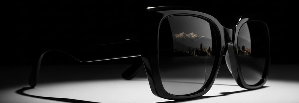 Fotografía artística de lentes oversize negros premium, iluminación dramática, detalle de acetato 
