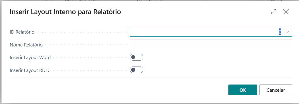 Software modal for internal report layout settings with fields for Report ID, name, Word and RDLC options.