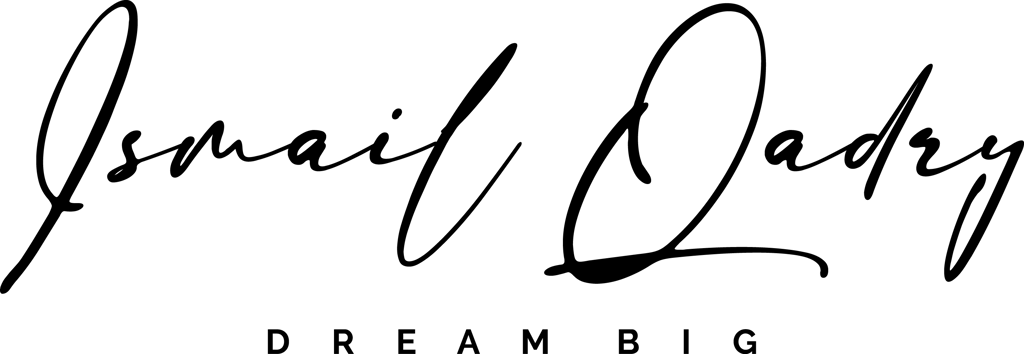 Ismail Qadry minimalist signature logo with the slogan Dream Big in black cursive font.