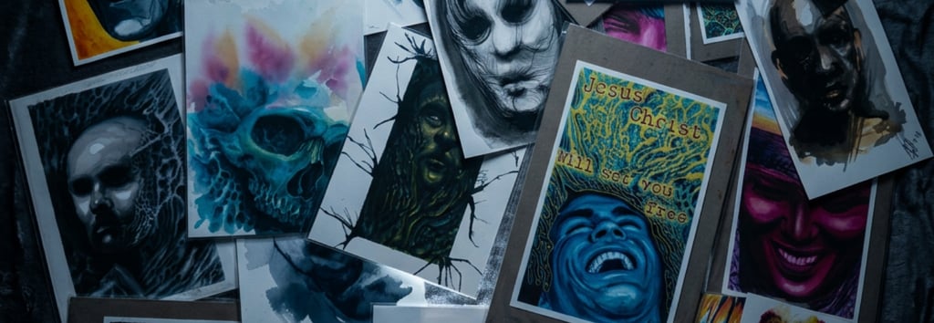 A collection of dark, expressive, and macabre art prints, including portraits, Hope is Christ 