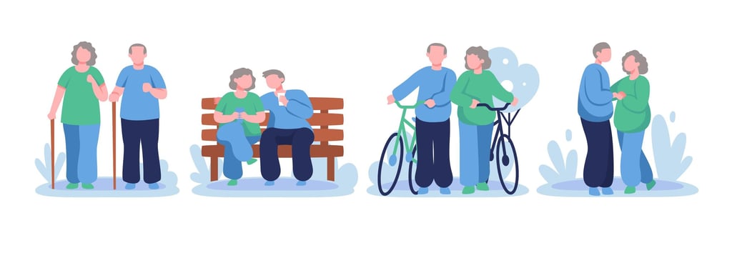 Flat vector illustration of active senior couples walking with canes, sitting on a bench, and cycling.
