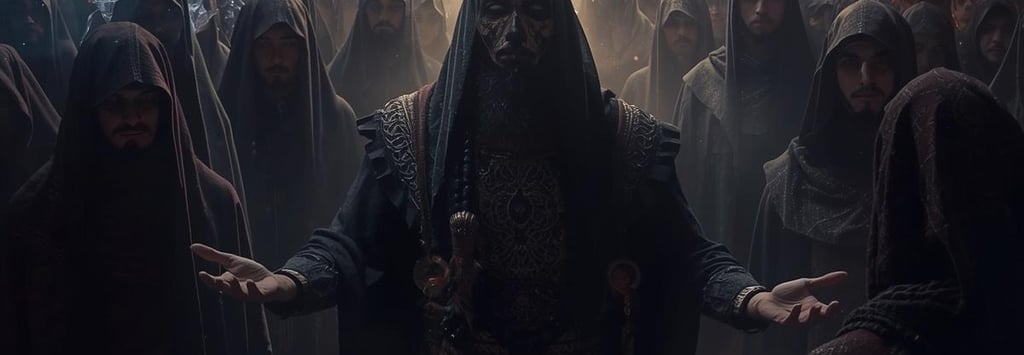 Dark fantasy king in a crown leads a hooded cult under a glowing cross in a smoky cathedral.
