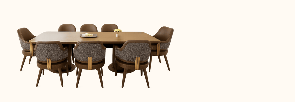 Modern walnut dining table set with brown upholstered chairs on a white background.