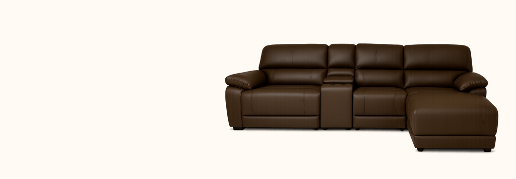 Dark brown leather sectional recliner sofa with chaise lounge and console storage on a white background.