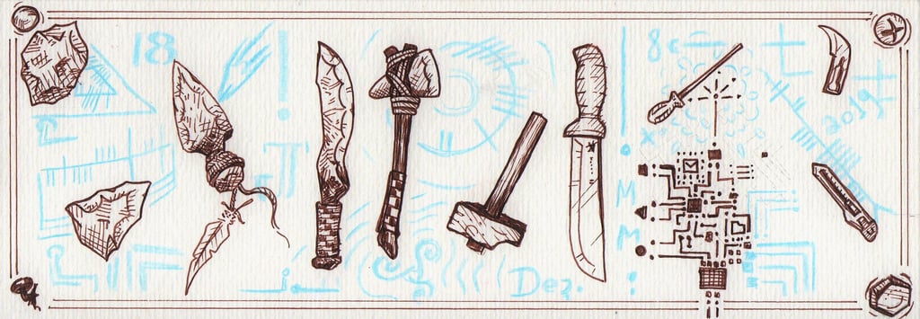 ilustração sobre ferramentas do Jaum, tem faca, bistui, machadinha de pedra lacasda e polida, martelos e até chip.