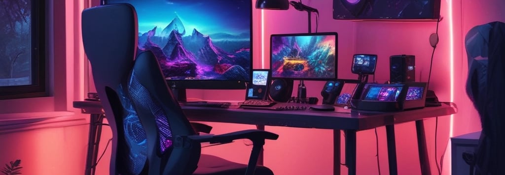 A sleek workspace featuring multiple digital devices with code and analytics on screens.