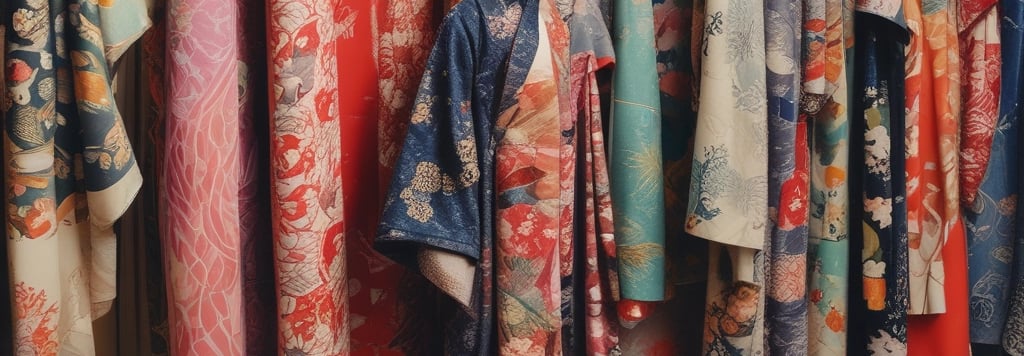 A cozy artisan workshop with colorful Japanese kimono fabrics and handcrafted lampshades displayed.