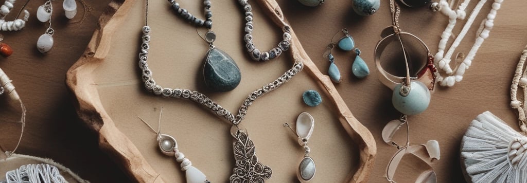 Colección de joyas boho hechas a mano que incluye collares de macramé, aretes de piedras preciosas 
