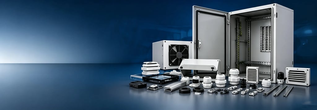 Industrial electrical enclosures and climate control accessories including fans and cable glands.