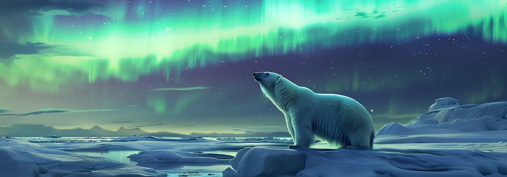 Polar bear in the Arctic tundra under an aurora sky