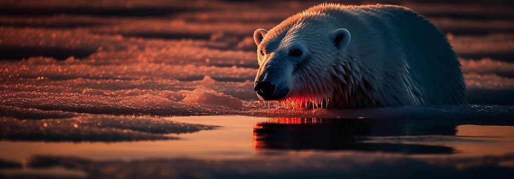 A polar bear coming out of the water on a red sunset evening