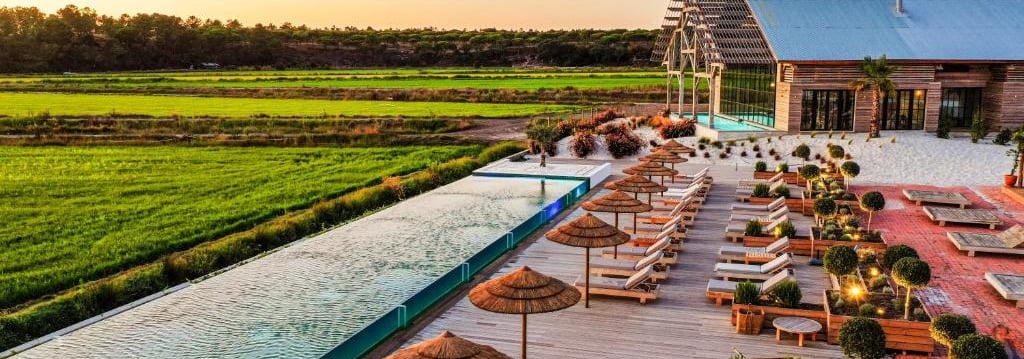 Luxury infinity pool and sun loungers overlooking green rice fields at a boutique resort in Comporta