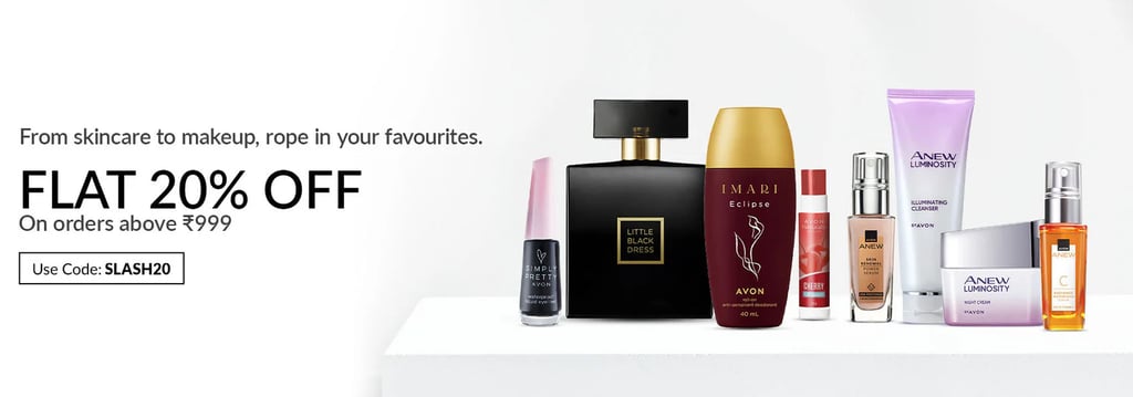 Avon beauty products including perfume, skincare, and makeup with a 20% off flat discount banner.