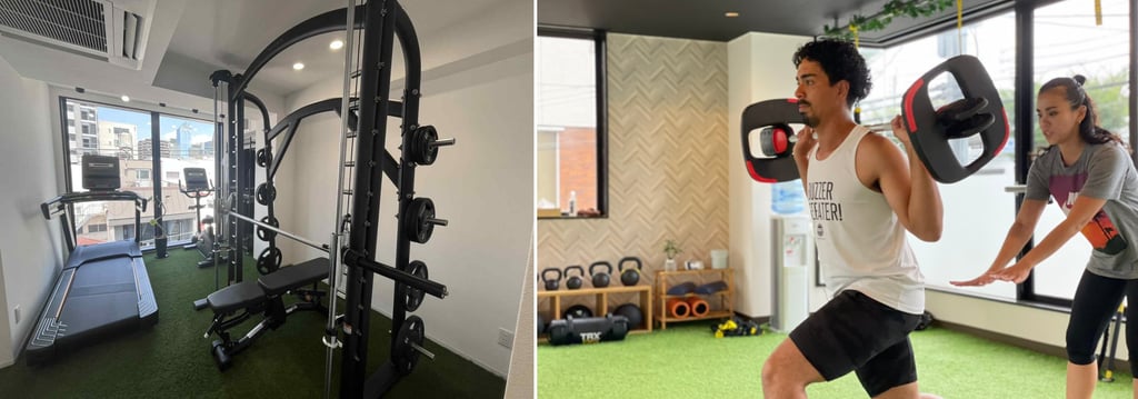 ジムフィールド堺東スタジオのトレーニングエリア。ランニングマシンやバーベルなどの器具が並び、利用者がトレーナーの指導を受けながら運動している様子｜堺市のニュースならサカイタイムズ