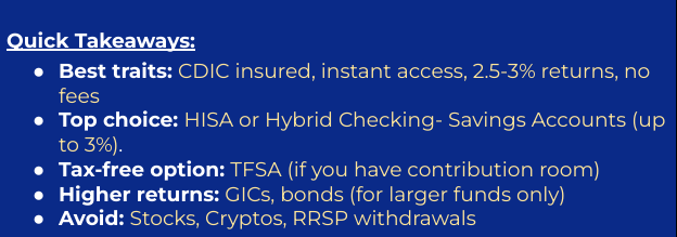 Quick Takeaways from the blog on where to put your emergency fund 