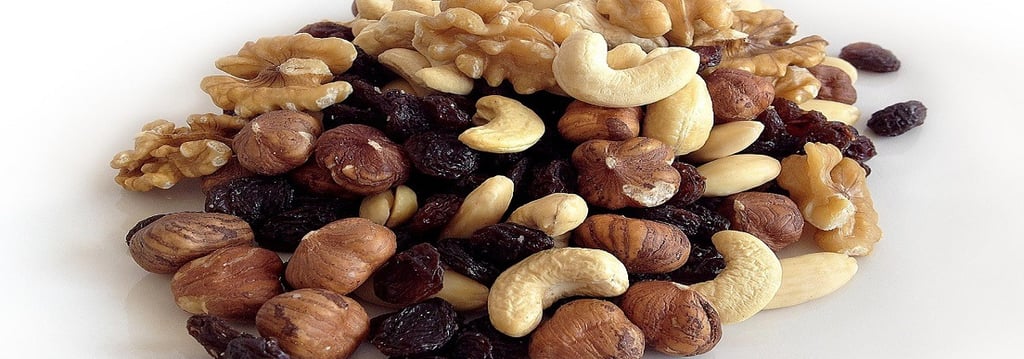Cashews. Hazelnuts, Walnuts, and Raisins