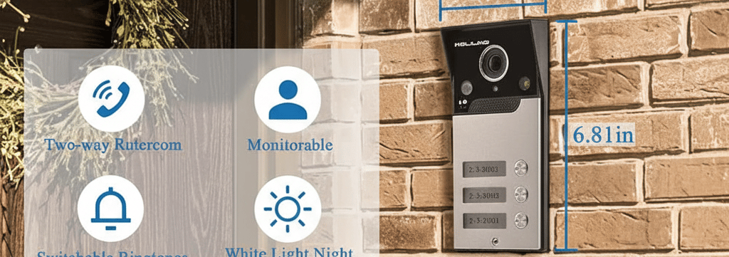 Smart video intercom system with night vision and waterproof outdoor camera mounted on a brick wall.