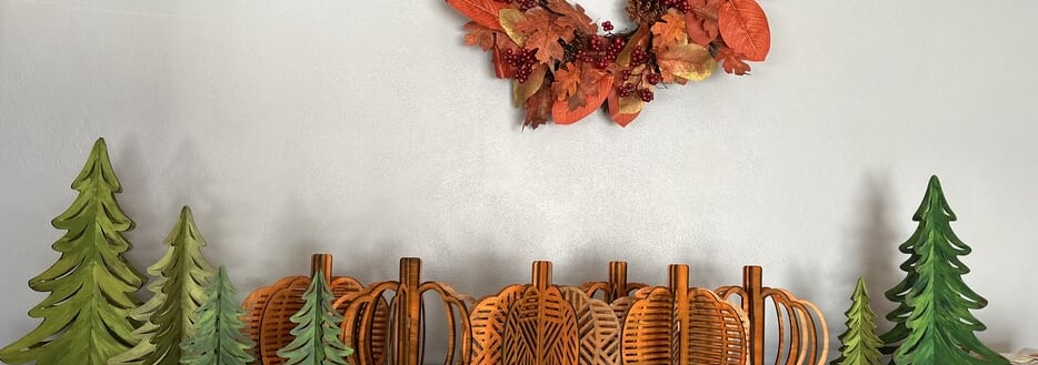 laser engraved and painted slatted tree and pumpkin decorations